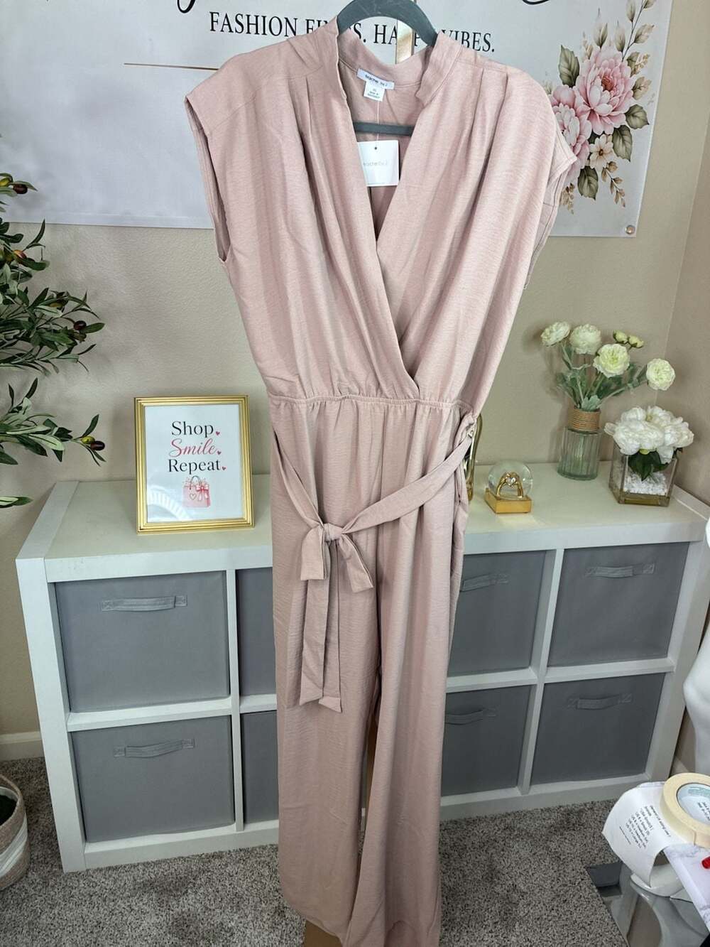 Fraiche by J Tie Belt Shirt Jumpsuit in Camel Casual Women’s Size XL New